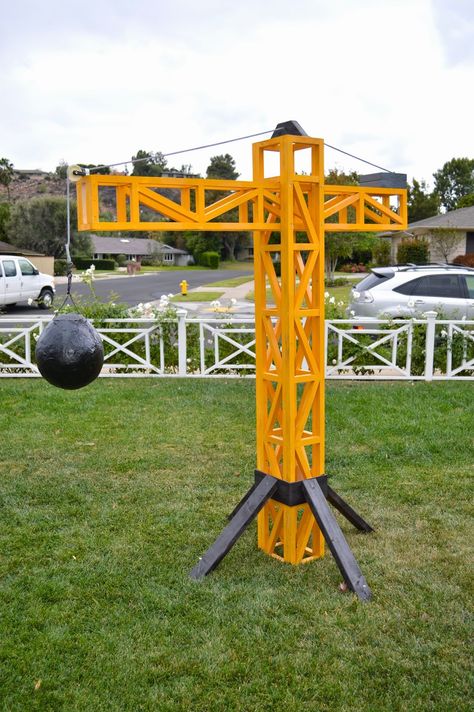 Wrecking Ball Construction Party, Construction Theme Birthday Party Wrecking Ball, Wrecking Ball Game Construction Party, Crane Birthday Party, Diy Crane Construction, Wrecking Ball Pinata, Construction Pinata Diy, Construction Piñata, Concrete And Cranes Vbs Decorations