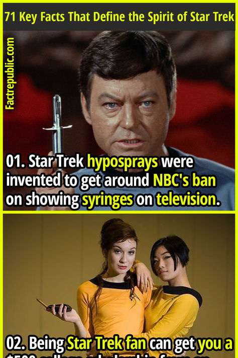 01. Star Trek hyposprays were invented to get around NBC's ban on showing syringes on television. Star Trek Facts, Star Trek Humor, Star Trek Jokes, Scotty Star Trek, Star Trek Lower Decks, Star Trek Strange New Worlds, Star Trek Actors, Stark Trek, Star Trek Convention