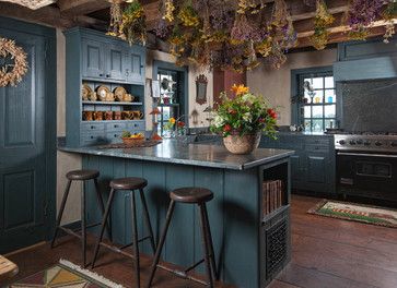 10 Colorful Kitchens ~ Beautiful blue cabinets in a country kitchen. See 9 other colorful kitchens! Hanging Kitchen Cabinets Over Island, Kitchens Country, Primitive Kitchen Cabinets, Garrison House, Colorful Kitchens, Dapur Rustic, Boho Style Kitchen, Kitchens Cabinets, Kitchen Makeovers