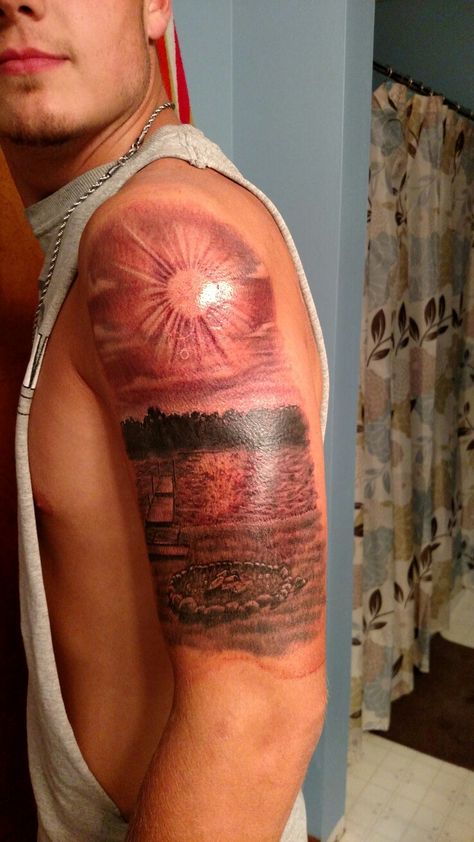 Tattoo of lake dock and sun Lake With Dock, Pond Tattoo, Lake Tattoo, Lake Dock, Water Tattoo, A Pond, Polynesian Tattoo, Tatting, Piercings