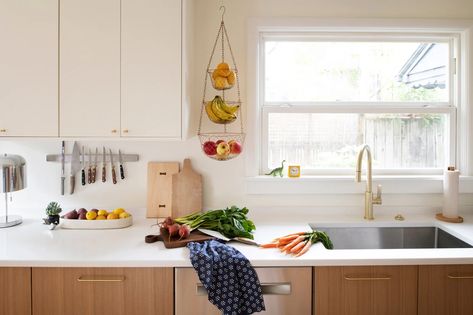 Katie's Kitchen Remodel – Schoolhouse Cheerful Kitchen, Kitchen Under Cabinet Lighting, Two Tone Cabinets, White Faucet, Fresh Kitchen, Fruit Baskets, Ikea Cabinets, Cabinet Finishes, Home Decor Sale