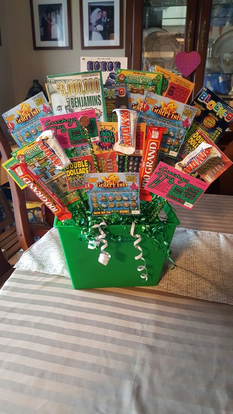 Lottery Themed Gift Basket, Lucky Gift Basket, Lotto Raffle Basket Ideas, Pta Raffle Basket Ideas, St Patrick’s Day Raffle Baskets, Lottery Raffle Basket Ideas, Lotto Baskets, Auction Basket Themes, Auction Basket Ideas