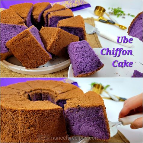 This ube chiffon cake recipe is easy to make. Moist, light, and fluffy sponge cake made of real ube or purple yam. Great to serve for breakfast, snack, or dessert with or without frosting! https://maricelsrecipes.com/ube-chiffon-cake/ Recipe video👇 https://youtu.be/kpuEz11KLgY #UbeChiffonCake #chiffoncake #ubechiffon Ube Sponge Cake Recipe, Ube Custard Cake, Ube Chiffon Cake Recipe, Ube Chiffon Cake, Cream Of Tartar Substitute, Stabilized Whipped Cream Frosting, Fluffy Sponge Cake, Ube Cake, Chiffon Cake Recipe