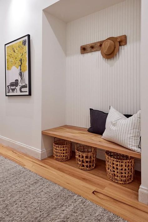 Hallway storage nook by Rachel and Ryan on The Block 2022. The woven baskets and plush cushions gave the built-in nook warmth and a sense of 'home'. Hallway Nook Ideas, Beautiful Hallways, The Block 2022, Entry Nook, Anna Blatman, Hallway Laundry, Tartan Wallpaper, Mud Room Entry, Black Floor Tiles