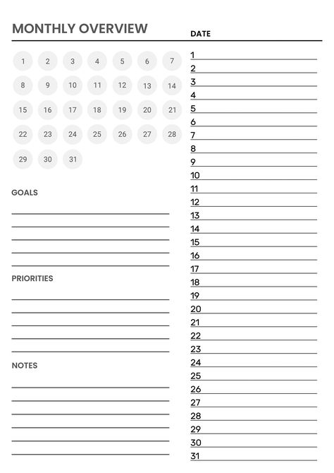 Monthly Overview (With Calendar, B/W) printablestudentplanner #darkmodedigitalplanner #tripplanner #adhdplanner💦. Monthly Overview Planner, Panda Planner, Training Planner, Free Planner Templates, Calendar Design Template, Noir Design, Monthly Printable, Monthly Overview, Monthly Planner Template