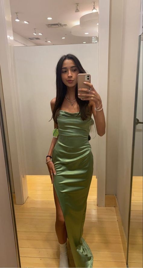 Olive Green Satin Dress Prom, Silky Sage Green Dress, Olive Green Birthday Dress, Windsor Dresses Formal, Light Green Hoco Dress Long, Green Slick Dress, Green Silky Dress Long, Save Green Prom Dress, Prom Dresses Olive Green