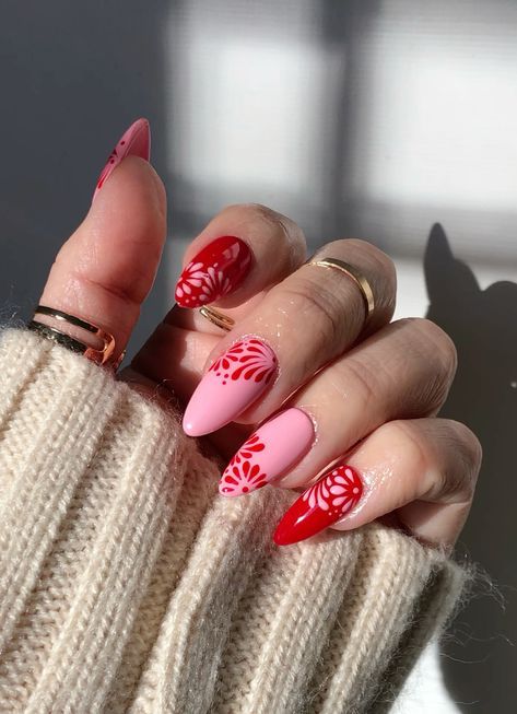 Talavera Nail Art Pink, Red Talavera Nail Art, Mexican Nails Designs Almond, Red Nails For Summer 2024, Mexican Pattern Nails, Latin Inspired Nails, May Nails Almond, Gen Z Nail Art, Mexican Almond Nails