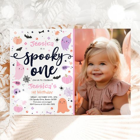 Spooky One Cute Halloween Ghost 1st Birthday Party Invitation Simple Birthday Invitations, Ghost Birthday Party, Happy Birthday Sweetie, Pink Halloween Party, Halloween Birthday Party Ideas, Blowing Out Candles, Invitation For Birthday, Ghost Birthday, Two Spooky