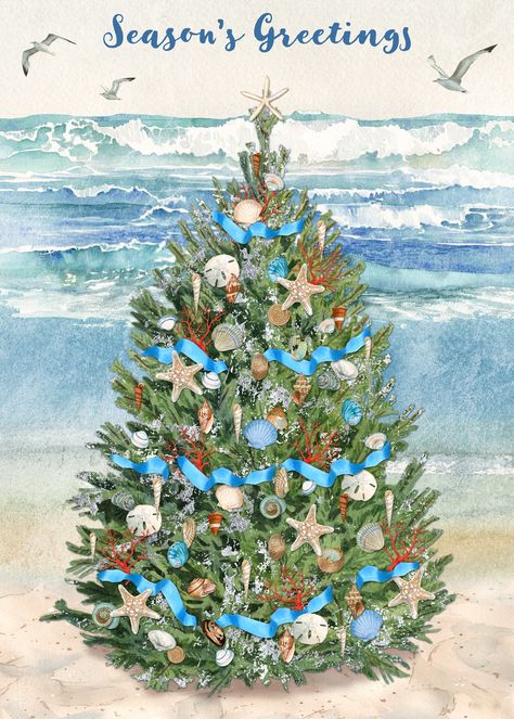 Beach Christmas Drawing, Coastal Christmas Cards Handmade, Coastal Watercolor Christmas Cards, Christmas On The Beach Painting, Beach Holiday Card, Beachy Christmas Cards, Glitter Christmas Cards, Beach Christmas Card, Christmas Main