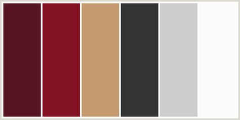 ColorCombo230 - ColorCombos.com color palettes, color schemes, color combos with hex colors codes #561420, #821122, #C59A6F, #333333, #CCCCCC, #FCFCFC and color combination tags ALABASTER, GRAY, GREY, HEATH, MINE SHAFT, ORANGE, RED, SILVER, TAMARILLO, TWINE. Maroon Color Palette, Basement Colors, Color Palette Interior Design, Red Paint Colors, House Colours, Beige Color Palette, Orange Color Palettes, Red Color Schemes, Red Colour Palette