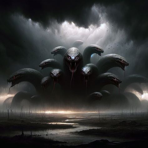 Behold the Hydra-Titan, where myth intertwines with prehistoric might. 🌑🐍��🌀 #mythicalcreatures #digitalart #fantasyworld #hydra #titanoboa #ancientbeasts #darkfantasyart #creatureconcept #serpentpower #mythicart #artofvisuals #storytelling #epicbeast #monsterdesign #imaginaryworlds #photooftheday #beastfromtheabyss #legendary Dream World Aesthetic, Hydra Snake, Titanoboa Snake, Hydra Monster, Hydra Art, Greek Mythical Creatures, Class Of The Titans, Anaconda Snake, Raid Shadow Legends