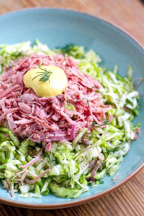 German-inspired Cabbage Salad With Shredded Ham. This is an oil and vinegar coleslaw type salad with fresh dill, mustard and delicious ham. It's paleo, gluten-free, low-carb and Whole30 friendly. #cabbage #shreddedcabbage #shreddedcabbagerecipes #cabbagesalad #cabbagecoleslaw #germansalad #germanrecipes #hamsalad #glutenfree #paleosalad #paleolunch #15minutemeals #whole30meals #whole30salad #whitecabbage #lowcarbsalad #lowcarbmeals Shredded Cabbage Recipes, Oil And Vinegar Coleslaw, German Cabbage, Whole 30 Salads, Ham Salad Recipe, Vinegar Coleslaw, Shredded Cabbage, Pork And Cabbage, Paleo Salads