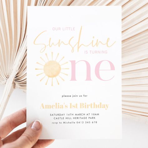 Our Little Sunshine Girl's 1st Birthday Party Invitation - Birthday Invitation Sun 1st Birthday Party, Sunshine Birthday Theme, Sunshine First Birthday, Baby First Birthday Themes, Sunshine Birthday Parties, Sunshine Party, Rainbow First Birthday, Baby Birthday Themes, 1st Birthday Party Invitations