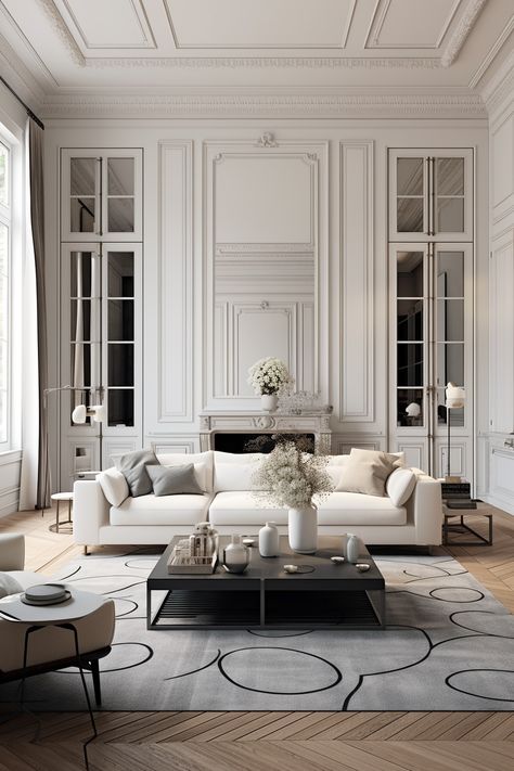 Neoclassical Sofa, Neoclassical Living Room, Parisian Style Home, Minimalist Color Palette, Parisian Living Room, Sofa And Chairs, Neoclassical Design, Minimalist Color, White Sofa