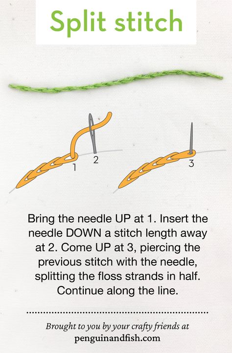 Split stitch - embroidery how-to, quick video, and step by step guide Outline Stitch, Straight Stitch Sewing, Split Stitch, Embroidery Stitches Beginner, Basic Hand Embroidery Stitches, Simple Hand Embroidery Patterns, Basic Embroidery Stitches, Embroidery Stitches Tutorial, Hand Embroidery Projects