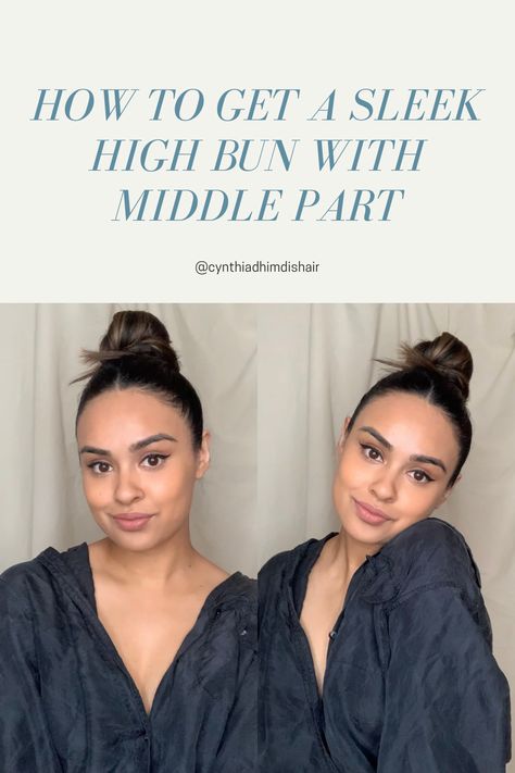 Top Knot Formal Hair, Top Bun Outfit, Slicked Top Knot High Bun, Messy Top Bun With Middle Part, High Ponytail With Part In The Middle, High Slicked Bun, Sleek Bun With Middle Part, Middle Part Hair Updos, Updos For Medium Length Hair Middle Part