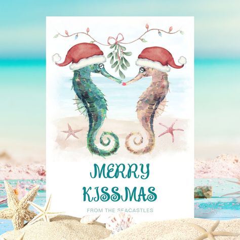 Seahorse Santa Coastal Christmas Kiss Beach   Napkins  Zazzle Kissing Under Mistletoe, Tropical Christmas Cards, Seaside Christmas, Merry Kissmas, Christmas Kiss, Santa Christmas Cards, Coastal Christmas Decor, Print Christmas Card, Coastal Theme