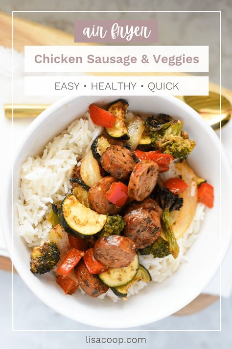 This macro friendly recipe is the perfect quick option for an easy weeknight dinner, or a healthy meal for lunch at work. It only takes 8 minutes to whip up. It is easy, flavorful, and requires little clean up! Click the picture for the full air fryer recipe! Macro Friendly Lunch, Fwtfl Recipes, Air Fryer Sausage, Healthy Low Calorie Dinner, Sausage And Veggies, Weekday Lunches, Lunch At Work, Macro Recipes, Air Fryer Recipe