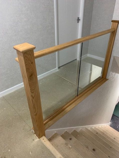 Glass Landing, Glass Bannister, Transformation Design, Glass Staircase Railing, Stair Paneling, Glass Handrail, Oak Staircase, Stair Renovation, Oak Handrail