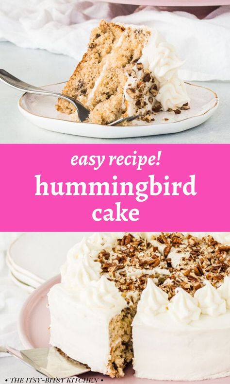 This easy hummingbird cake is a quick and simple version of the popular banana pineapple spice cake. Finish your cake with cream cheese frosting and a sprinkle of pecans and it's completely irresistible! This recipe starts with a box of yellow cake mix and is made all in one bowl. You'll make it over and over! It's the perfect easy dessert for all your fall and winter holiday parties! Hummingbird Cake Box Recipe, Pineapple Spice Cake, Popular Cakes 2023, Pineapple Cake Box Recipe, Hummingbird Cake With Box Cake, Easy Hummingbird Cake Simple, Hummingbird Cake From Box Recipe, Easy Hummingbird Cake, Simple Cream Cheese Frosting