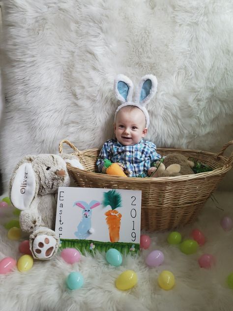 First Easter Photoshoot, Diy Easter Photoshoot, Easter Photo Ideas, Baby Easter Pictures, 7 Month Baby, Baby Food Jar Crafts, Mickey Mouse Baby Shower, Toddler Pictures, Easter Photoshoot