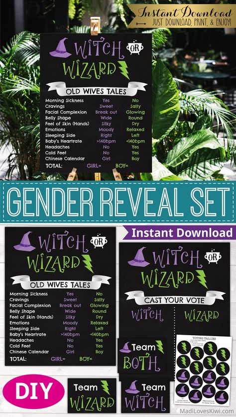 This green Purple And Green Gender Reveal, Witch Gender Reveal, Purple Party Decor, Tooth Fairy Receipt, Bow Gender Reveal, Old Wives Tale, Wives Tales, Boy Gender Reveal, Poster Idea