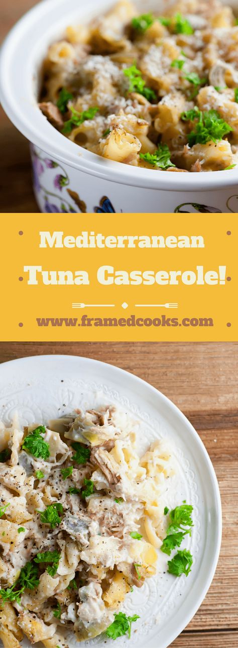 This recipe for Mediterranean Tuna Casserole is NOT your grandma's tuna casserole recipe! Feta cheese and artichoke hearts shake up this classic supper. Casserole Recipes For Dinner Healthy, Casserole Recipes Beef, Tuna Carpaccio, Casserole Recipes Easy, Mediterranean Tuna, Veggie Mains, Recipes Tuna, Salmon Pasta Recipes, Casserole Recipes For Dinner