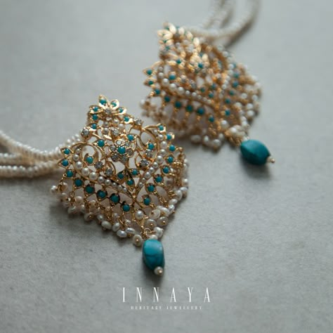 Statement earrings with stunning freshwater pearl and turquoise detail....perfect for the regal bride or bridesmaid! Structured sterling silver finished in antique 22carat gold plating Email or DM info@innayaheritagejewellery.com Turquoise Jewelry Indian, Regal Bride, Turquoise Jewelry Gold, Antique Turquoise Jewelry, Wedding Jewellery Designs, Bridal Jewels, Bridal Jewelry Vintage, Antique Jewellery Designs, Heritage Jewellery