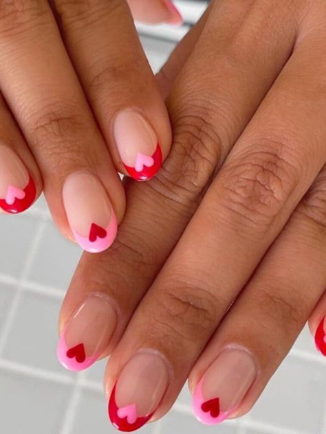 French short nails in pink and red with a heart accent Pink French Tip Nails, Pink French Tip, Vday Nails, Kutek Disney, Red Valentine, February Nails, Pink French, Cute Gel Nails, Tip Nails