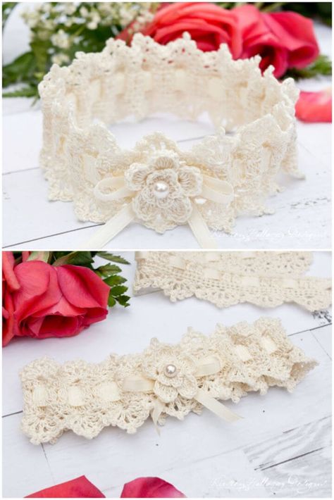 Crochet Lace For Summer Weddings, Crochet Wedding Garter Pattern Free, Crochet Bridal Garter Free Pattern, Crochet Garter Wedding Free Pattern, Elegant Crochet Lace For Wedding, Crochet Garter Belt, Crochet Wedding Garter, Crochet Garter, Crochet Lace Patterns