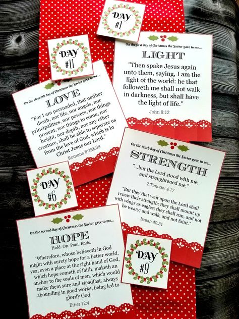 12 Days of Christmas (gifts of the Savior) with Free Printable Cards and gift ideas 12 Days Of Christmas Gifts, 12 Days Of Xmas, Christmas Scripture, Christmas Neighbor, Christ Centered Christmas, Neighbor Christmas Gifts, Free Printable Cards, The Savior, Twelve Days Of Christmas