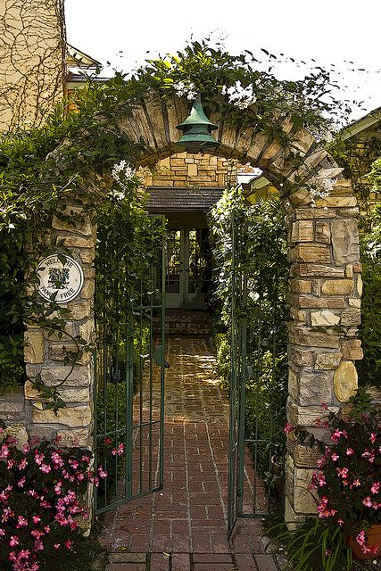 If I could build a vacation home - it would be here in Carmel CA Archway Front Door Entrance, Cottage Gate, Ikea Garden Furniture, Stone Archway, Garden Gate Design, Tudor Cottage, Metal Gate, Carmel California, Carmel Ca