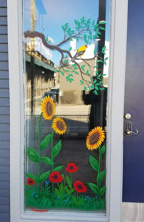 Painted Window Art Ideas, Butterfly Window Painting, Spring Window Ideas, Spring Window Decorations Kindergarten, Spring Window Decor, Spring Window Art Ideas, Window Painting Summer, Sunflower Window Painting, Daycare Window Painting