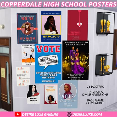 Sims 4 Copperdale High School Posters | Desire Luxe on Patreon School Clutter Sims 4, Sims 4 School Cc Patreon, Sims 4 Cc Maxis Match High School, Sims 4 Cc High School Furniture, Sims 4 Principal Cc, Ts4 Highschool Cc, Sims 4 High School Cc Patreon, Sims Highschool Cc, Classroom Cc Sims 4