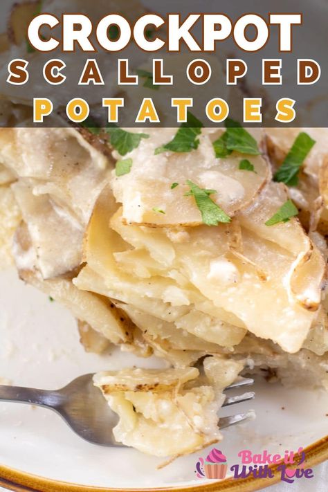 These easy crock pot scalloped potatoes are a tasty addition to any dinner or holiday meal! Crockpot Creamed Potatoes, Crock Pot Scalloped Potatoes And Ham, Scalloped Potatoes And Ham Crock Pot, Scalloped Potatoes Crock Pot, Crockpot Scalloped Potatoes Easy, Scalloped Potatoes Without Cheese, Crockpot Scalloped Potatoes And Ham, Scalloped Potatoes With Cream, Crock Pot Scalloped Potatoes