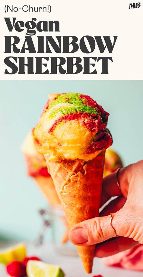 No-churn vegan rainbow sherbet ice cream with a naturally sweetened frozen fruit base. Just 7 ingredients required for this wholesome take on a classic summertime treat! Vegan Sherbet Recipes, Vegan No Churn Ice Cream, Rainbow Sherbet Ice Cream, Gluten Free Cake Recipes Easy, Vegan Sorbet, Sherbet Ice Cream, Sherbet Recipes, Vegan Frosting, Vegetarian Desserts