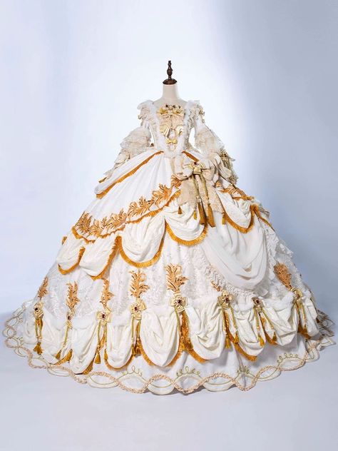 Golden Princess Dress, Rennaisance Fashion, Queen Dresses Royal, Big Princess Dress, Royal Outfits Aesthetic, Rococo Gown, Ball Gowns Victorian, White And Gold Dress, Victorian Ball Gowns