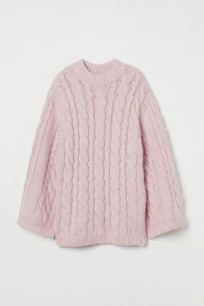 Jumper Aesthetic, Hm Outfits, Pink Oversized Sweater, Pink Cable Knit Sweater, Pink Knit Sweater, Cable Knit Jumper, Oversized Pullover, Pink Outfits, Wide Sleeves