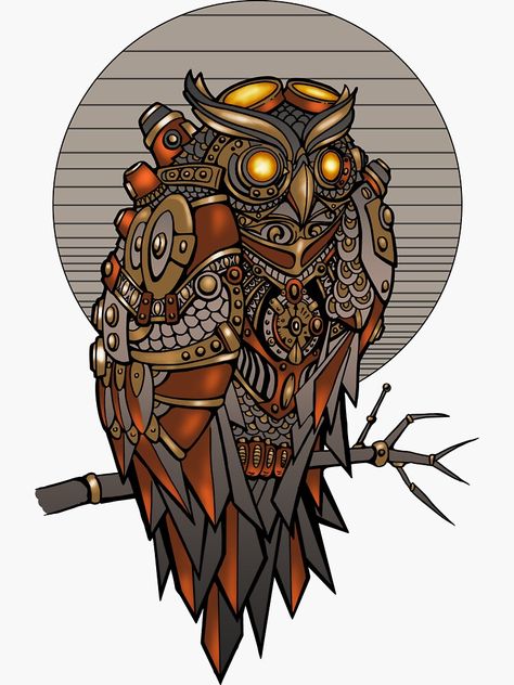 "Steampunk owl colored cyber owl mechanical robot owl geometric" Sticker by Ueberleber | Redbubble Goblin Market, Steampunk Owl, Owl Sitting, Pathfinder 2e, Steampunk Owls, Transformers Universe, D D Character Ideas, Owl Illustration, Steampunk Ideas