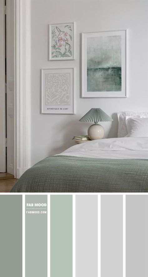 Discover the Versatility of Sage Green: a Soothing and Relaxing Neutral for Any Interior Design Scheme Grey Green Bedrooms, Grey Bedroom Colors, Light Green Bedrooms, Green And White Bedroom, Sage Bedroom, Light Gray Bedroom, Best Bedroom Colors, Wedding Color Palettes, Bedroom Color Combination