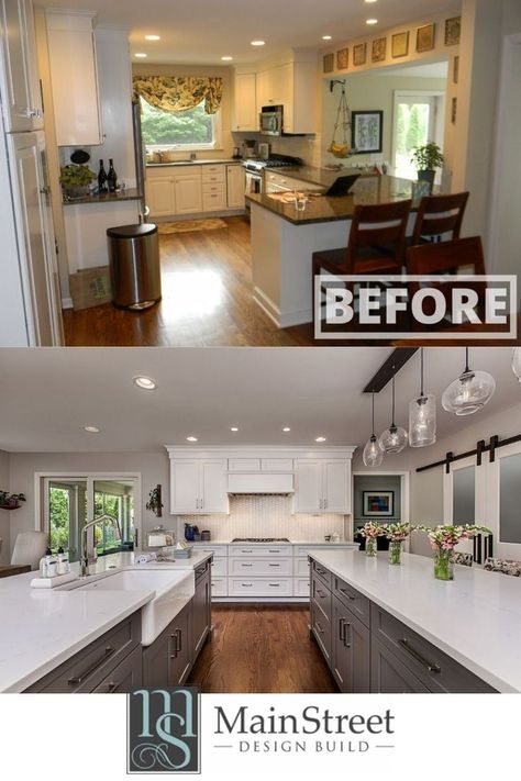 This 1954 colonial home had a small, outdated kitchen that no longer served the needs of this growing family. The focal point of this new kitchen are two oversized islands, one for food prep and clean up, the other for sitting, eating, homework, and just a place to hang out as a family. The two islands are finished in a dramatic “Battleship” gray that offers a visual contrast to the custom “Elemental White” painted perimeter cabinetry. 1990s Home Remodel, Before And After Kitchen Remodel, Dated Kitchen, Straight Line Design, Home Remodel Before And After, Before And After Kitchen, House Flipping, Home Remodeling Contractors, Porch Addition