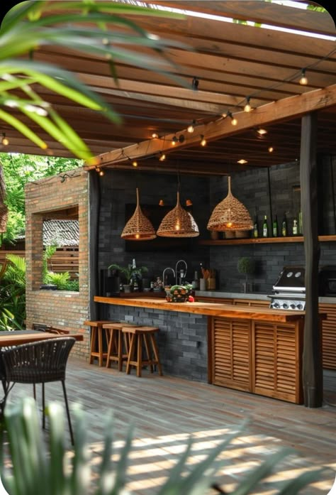 Outdoor Kitchen And Bar, Rustic Outdoor Kitchens, Outdoor Kitchen Decor, Bar Outdoor, Area Gourmet, Build Outdoor Kitchen, Outdoor Bbq Kitchen, Backyard Bar, Backyard Kitchen