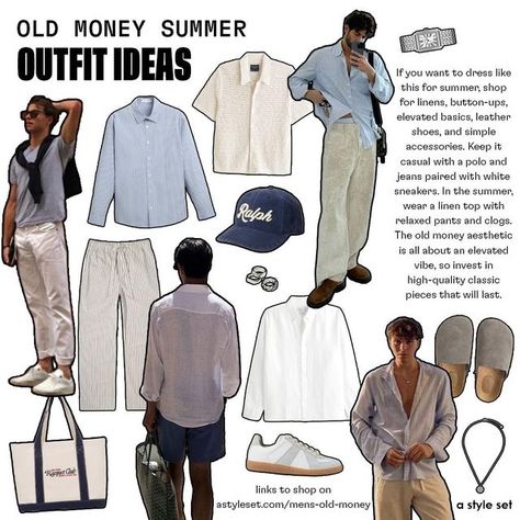 A Style Set on Instagram: "men’s old money summer outfit ideas 💸 links to shop on astyleset.com/mens-old-money  Our tips: shop for linens, button-ups, elevated basics, leather shoes, and simple accessories. Keep it casual with a polo and jeans paired with white sneakers. In the summer, wear a linen top with relaxed pants and clogs. The old money aesthetic is all about an elevated vibe, so invest in high-quality classic pieces that will last  #oldmoneyaesthetic #mensfashion" Simple Old Money Outfits, Old Money Aesthetic Summer Outfit Men, Old Money Outfits Men Summer Polo, Old Money Linen Outfit Men, Old Money Outfits Men Basic Summer, Old Money Outfits Men Summer Linen, Old Money Style Shorts Men, White Linen Pants Outfit, Linen Pants Outfit