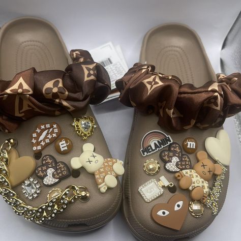 . Pre-Designed Classic Crocs. • Mushroom Bone OR... - Depop Brown Crocs With Charms, Crocs Decorations, Croc Business, Room Motivation, Croc Ideas, Designer Crocs, Brown Crocs, Crocs Collection, Crocs Aesthetic