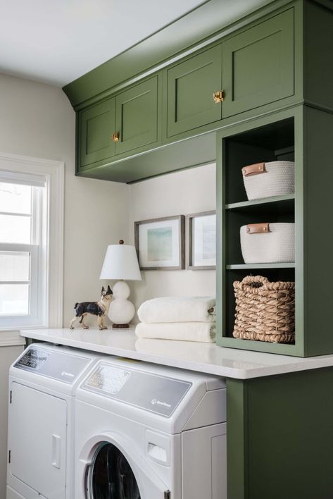 Allie Reed Design at Woodsman Kitchens and Floors - Inset cabinets with unlaquered brass hardware - open shelving in laundry room green cabinets - Speed Queen washer/dryer Speed Queen Laundry Room, Laundry Room Green Cabinets, Small Space Laundry Room Ideas, Laundry Room Green, Speed Queen Washer, Unlaquered Brass, Cape Cottage, Waterfall House, Speed Queen