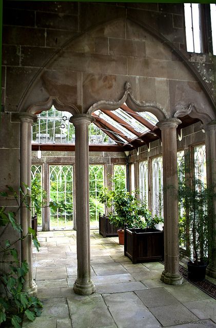 Gothic arches, paned window, stone floors, and green plants create the Medieval-style inside the Regency-period greenhouse on the grounds of Culzean Castle. Photo by Lynn Suckow Culzean Castle, Castle Grounds, Build A Greenhouse, Tuscan Design, Stone Flooring, Glass House, Outdoor Rooms, Garden Room, My Dream Home