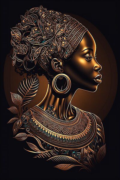 Black African Woman Art, Drawing Of African Woman, African Queen Art, Black Female Art, African Wallpaper, Black And Gold African Art, African Woman Portrait, African Woman Art, African Portraits Art