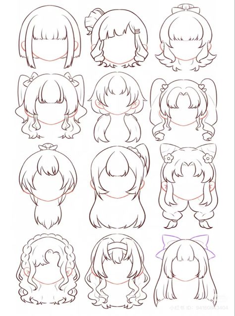 Simple Anime Hair Drawing, Hair Trace Drawing, Drawing Hair Template, Chibi Art Base Hair, Chibi Curly Hair Drawing, How To Draw Hair Easy Simple, Half Up Half Down Hairstyles Drawing, Anime Chibi Hairstyles, Choppy Anime Hair