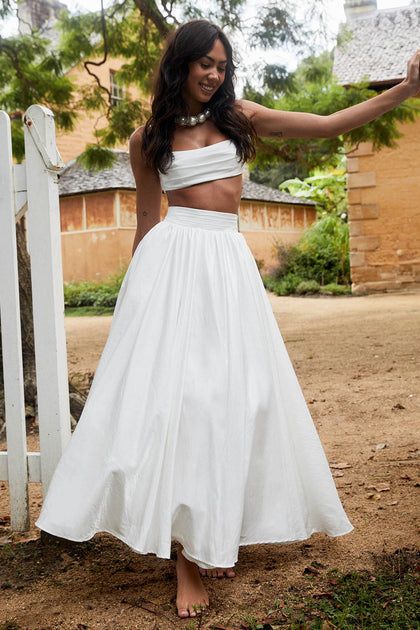 Buy sexy maxi skirts only at Selfie Leslie. The hottest long skirts for women for sale online. Maxi Skirt White, Tie Back Crop Top, Crop Top And Skirt Set, Full Outfits, Cabo Wedding, White Maxi Skirts, Yellow Bridesmaids, Modern Bridal, Bridal Look