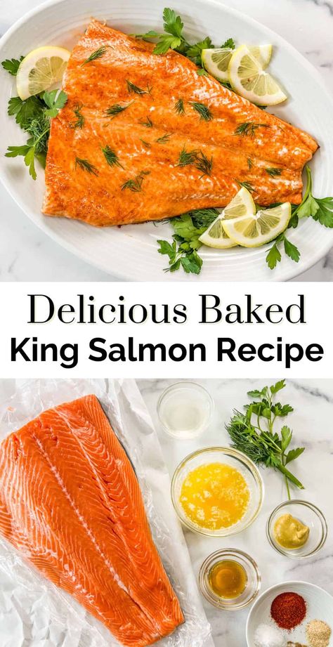 This baked king salmon recipe involves brushing a buttery seasoned sauce onto the salmon and baking it to perfection. It's an easy, flavorful recipe that is sure to be a hit, and it's ready in less than 30 minutes! King Salmon Recipe Baked, Whole Baked Salmon Recipes Oven, Salmon Seasoning Baked, Bake Salmon In Oven Recipes, Simple Baked Salmon Recipes Oven, Baked King Salmon, King Salmon Recipe, Oven Baked Salmon With Skin, Internal Temp For Salmon